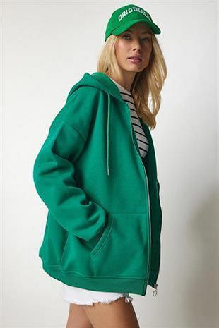 Kadın Kapüşonlu Üç İplik Owersize Fermuarlı Sweatshirt Koyu Yeşil