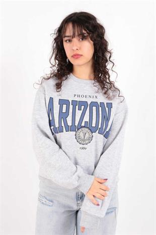 Kadın Sıfır Yaka Üç İplik Owersize Kısa Sweatshirt Gri