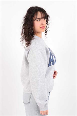 Kadın Sıfır Yaka Üç İplik Owersize Kısa Sweatshirt Gri