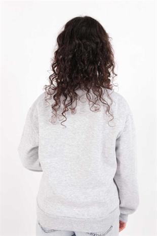 Kadın Sıfır Yaka Üç İplik Owersize Kısa Sweatshirt Gri