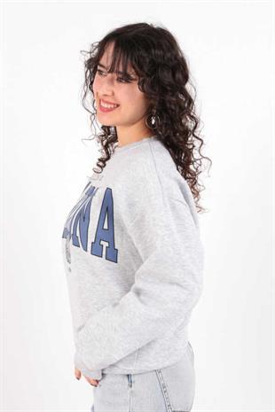 Kadın Sıfır Yaka Üç İplik Owersize Kısa Sweatshirt Gri