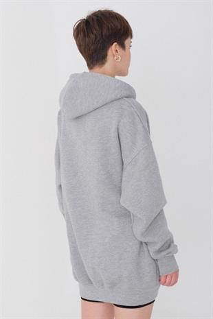 Kadın Kapüşonlu Üç İplik Owersize Fermuarlı Sweatshirt Gri