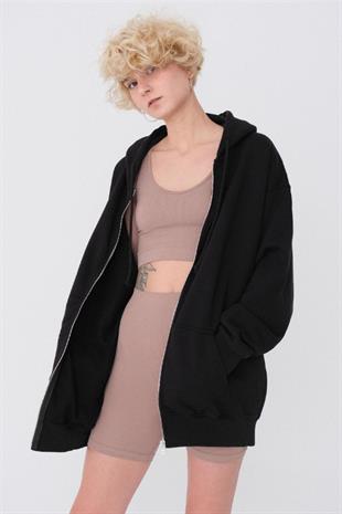 Kadın Kapüşonlu Üç İplik Owersize Fermuarlı Sweatshirt Siyah