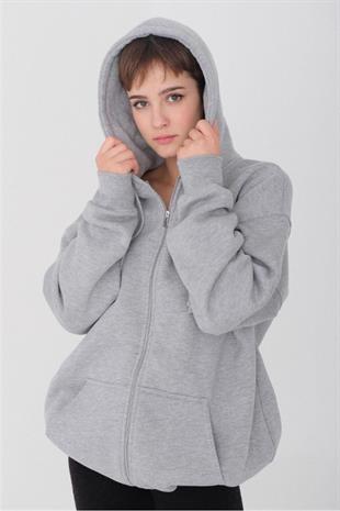 Kadın Kapüşonlu Üç İplik Owersize Fermuarlı Sweatshirt Gri
