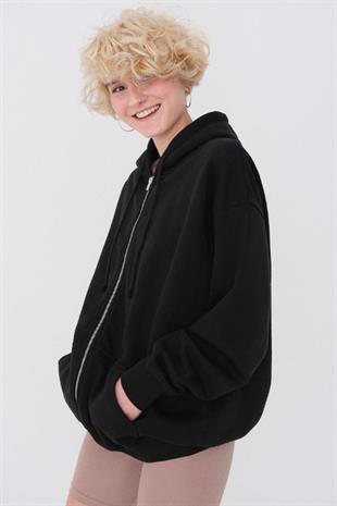 Kadın Kapüşonlu Üç İplik Owersize Fermuarlı Sweatshirt Siyah