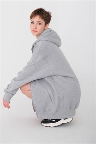 Kadın Kapüşonlu Üç İplik Owersize Fermuarlı Sweatshirt Gri