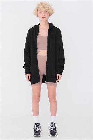 Kadın Kapüşonlu Üç İplik Owersize Fermuarlı Sweatshirt Siyah