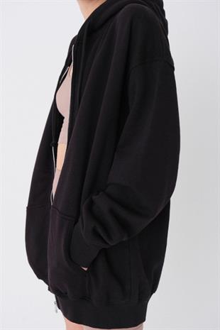Kadın Kapüşonlu Üç İplik Owersize Fermuarlı Sweatshirt Siyah
