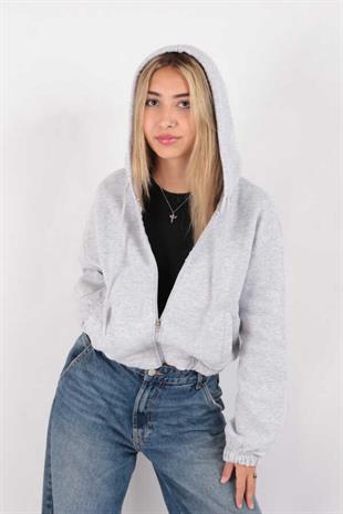 Kadın Kapüşonlu Üç İplik Owersize Kısa Fermuarlı Sweatshirt Gri
