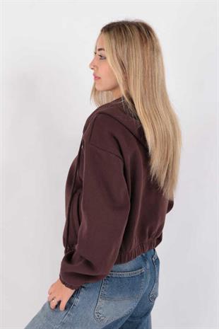 Kadın Kapüşonlu Üç İplik Owersize Kısa Fermuarlı Sweatshirt Kahverengi
