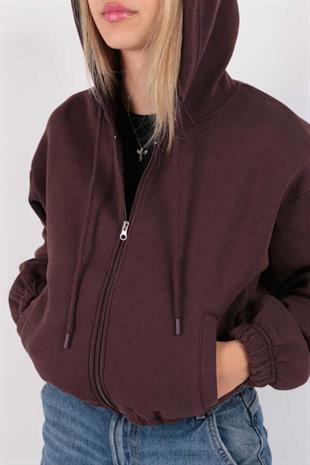 Kadın Kapüşonlu Üç İplik Owersize Kısa Fermuarlı Sweatshirt Kahverengi