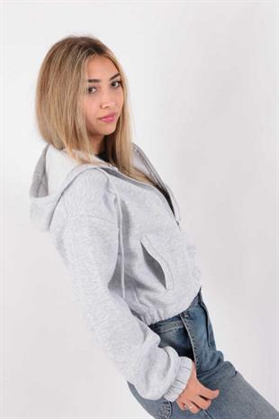 Kadın Kapüşonlu Üç İplik Owersize Kısa Fermuarlı Sweatshirt Gri