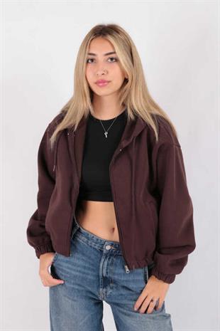 Kadın Kapüşonlu Üç İplik Owersize Kısa Fermuarlı Sweatshirt Kahverengi