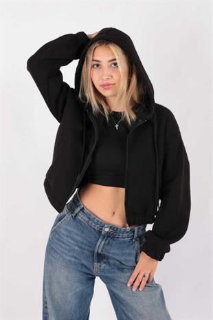 Kadın Kapüşonlu Üç İplik Owersize Kısa Fermuarlı Sweatshirt Siyah
