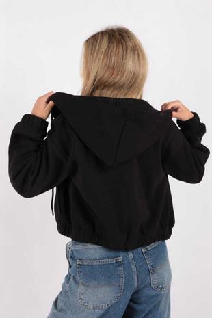 Kadın Kapüşonlu Üç İplik Owersize Kısa Fermuarlı Sweatshirt Siyah