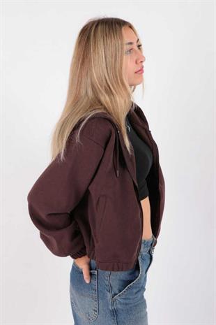 Kadın Kapüşonlu Üç İplik Owersize Kısa Fermuarlı Sweatshirt Kahverengi
