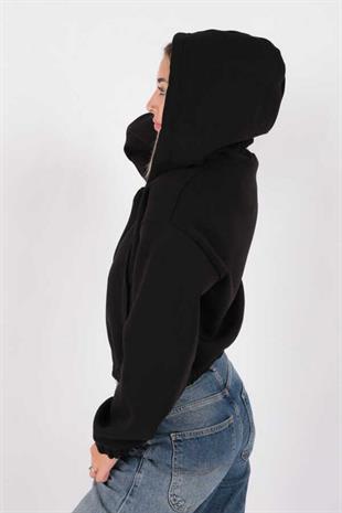 Kadın Kapüşonlu Üç İplik Owersize Kısa Fermuarlı Sweatshirt Siyah