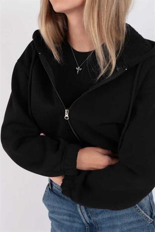 Kadın Kapüşonlu Üç İplik Owersize Kısa Fermuarlı Sweatshirt Siyah