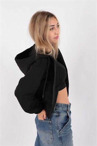 Kadın Kapüşonlu Üç İplik Owersize Kısa Fermuarlı Sweatshirt Siyah