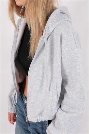 Kadın Kapüşonlu Üç İplik Owersize Kısa Fermuarlı Sweatshirt Gri