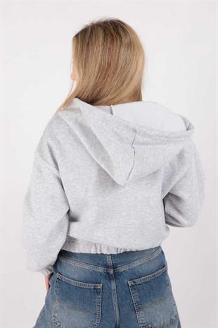 Kadın Kapüşonlu Üç İplik Owersize Kısa Fermuarlı Sweatshirt Gri