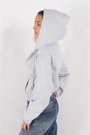 Kadın Kapüşonlu Üç İplik Owersize Kısa Fermuarlı Sweatshirt Gri
