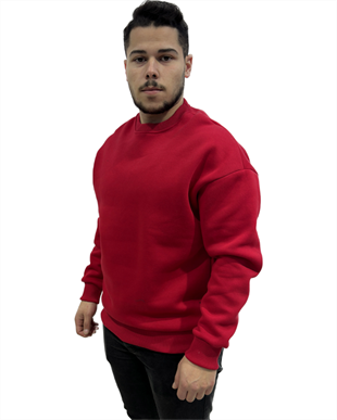 Erkek Sıfır Yaka Oversize Üç İplik Sweatshırt Kırmızı