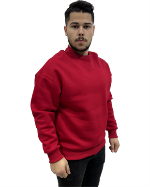 Erkek Sıfır Yaka Oversize Üç İplik Sweatshırt Kırmızı
