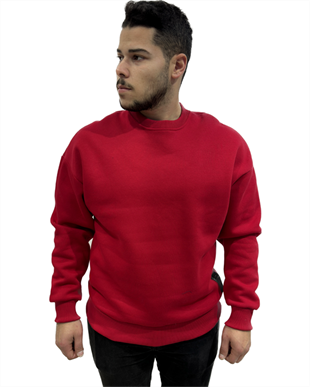Erkek Sıfır Yaka Oversize Üç İplik Sweatshırt Kırmızı