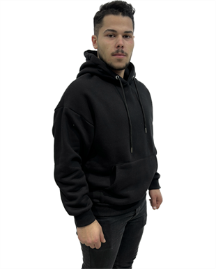 Erkek Kapüşonlu Kanguru Cebli Owersize Sweatshırt Siyah