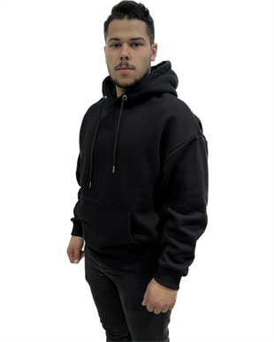 Erkek Kapüşonlu Kanguru Cebli Owersize Sweatshırt Siyah