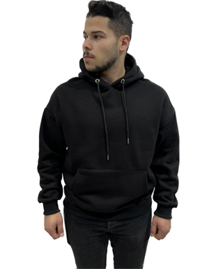 Erkek Kapüşonlu Kanguru Cebli Owersize Sweatshırt Siyah
