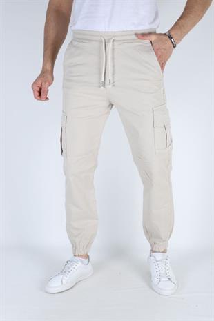 Erkek Paça Ve Beli Lastikli Keten Pantolon Krem