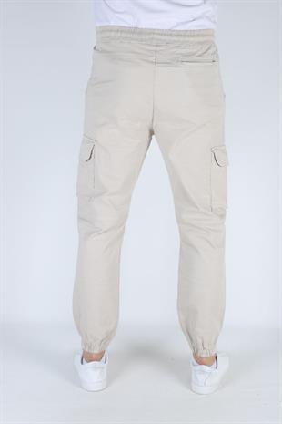 Erkek Paça Ve Beli Lastikli Keten Pantolon Krem