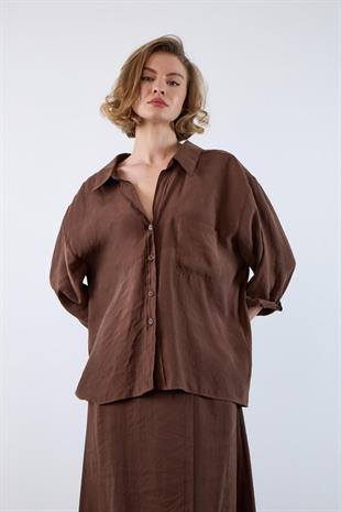 Kadın Düşük Omuzlu Owersize Gömlek Kahverengi