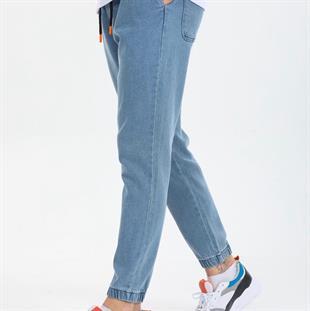 Erkek Beli Ve Paça Lastikli Kot Pantolon Açık Mavi