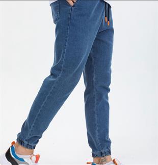 Erkek Beli Ve Paça Lastikli Kot Pantolon Koyu Mavi