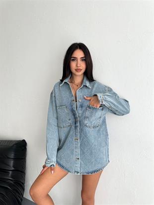 Kadın Taş Detaylı Owersize  Kot Ceket Buz Mavi