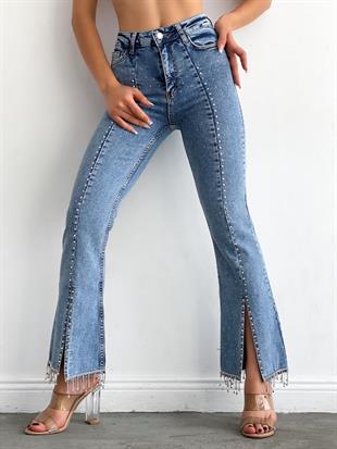 Kadın Yırtmaçlı Taşlı Denim Pantolon Buz Mavi