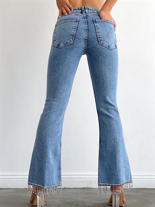 Kadın Yırtmaçlı Taşlı Denim Pantolon Buz Mavi