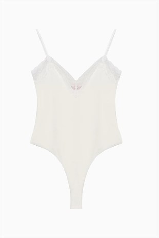Dantel Yaka Askılı Bodysuit Ekru