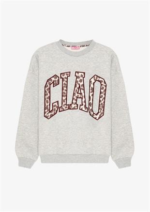 Kadın Leopar Desenli Baskılı Oversize Sweatshirt Gri