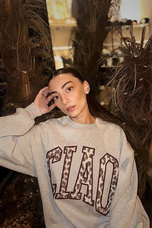 Kadın Leopar Desenli Baskılı Oversize Sweatshirt Gri