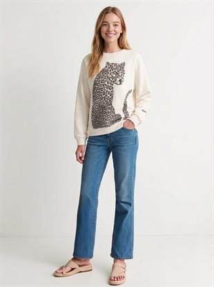 Kadın Leopar Figürlü Kolu Yazı Baskılı Sweatshirt Ekru