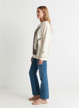 Kadın Leopar Figürlü Kolu Yazı Baskılı Sweatshirt Ekru