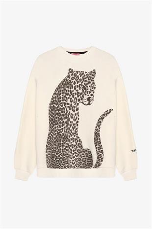 Kadın Leopar Figürlü Kolu Yazı Baskılı Sweatshirt Ekru