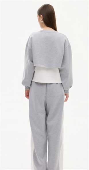 Kadın Match Detaylı Baskılı Bisiklet Yaka Sweatshirt Gri