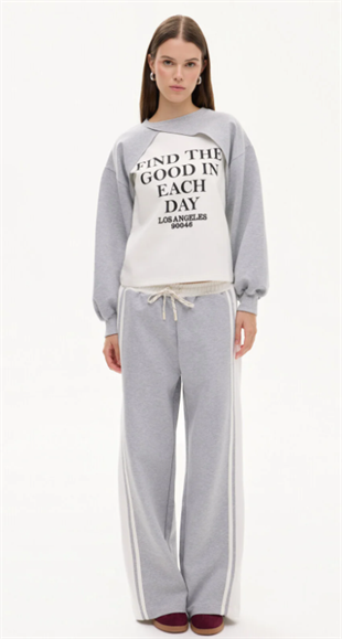 Kadın Match Detaylı Baskılı Bisiklet Yaka Sweatshirt Gri