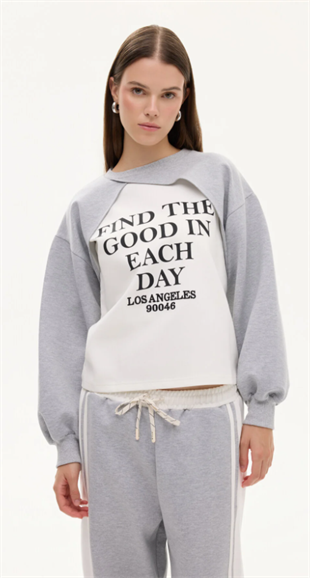 Kadın Match Detaylı Baskılı Bisiklet Yaka Sweatshirt Gri