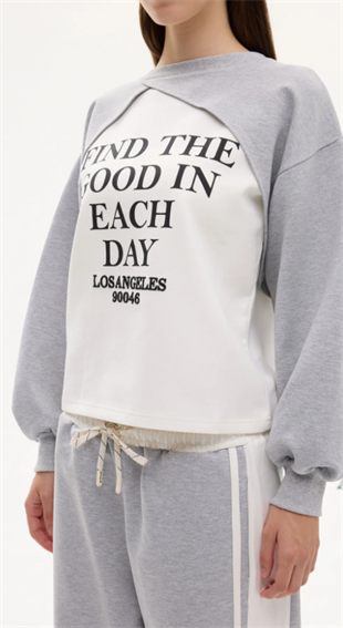 Kadın Match Detaylı Baskılı Bisiklet Yaka Sweatshirt Gri